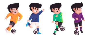 Futbol futbol aksiyon oyunu kick ball karakter sporu çizgi film vektör kümesi koleksiyonu