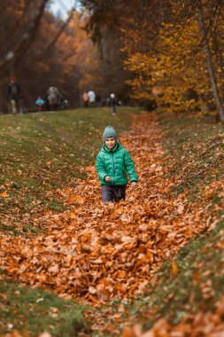 Sonbaharda bir çocuk parkta yapraklarla oynar.