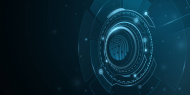 Parmak izi taraması. Biyometrik doğrulama. Ağ koruma arka plan tasarımı. Işık efektli dijital HUD. Fütürist, bilim kurgu kullanıcı arayüzü. Siber güvenlik. Vektör çizimi. EPS 10