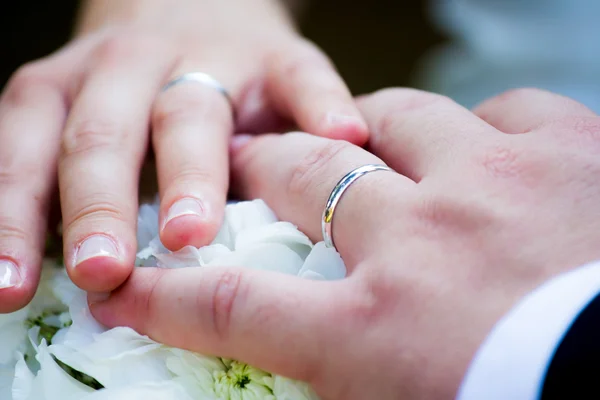 Mãos com anel de casamento — Fotografia de Stock