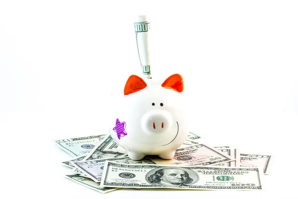 Piggy bank met dollars — Stockfoto