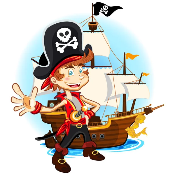 Pirata Kid e seu grande navio de guerra Vetores De Stock Royalty-Free