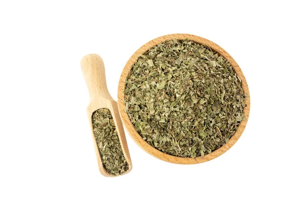 Dried Lemon Balm Melissa Officinalis Herb Wooden Bowl Scoop Isolated — Stock Photo, Image