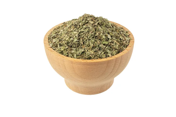 Dried Lemon Balm Melissa Officinalis Herb Wooden Bowl Isolated White — Stock Photo, Image