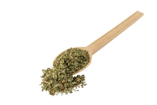 Dried Lemon Balm Melissa Officinalis Herb Wooden Spoon Isolated White — Stock Photo, Image