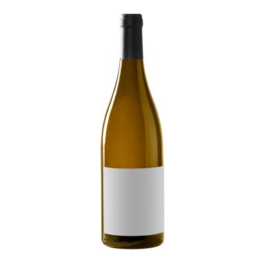 Beyaz arka planda boş etiketli beyaz şarap şişesi.