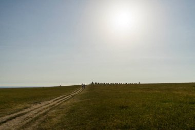 Sahada yürüyen güzel kadınlar.
