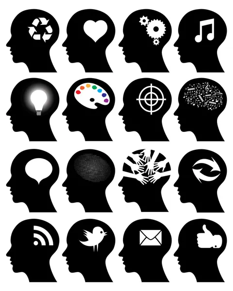 Set of 16 head icons with idea symbols — Stock Vector