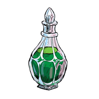 Beyaz arkaplanda izole edilmiş klasik simya şişe vektör çizimi