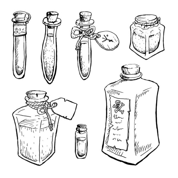 набор алхимических бутылок на белом фоне