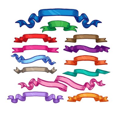 Beyaz arka planda izole edilmiş klasik kurdele afişleri. Tasarım için vektör ögeleri kümesi.