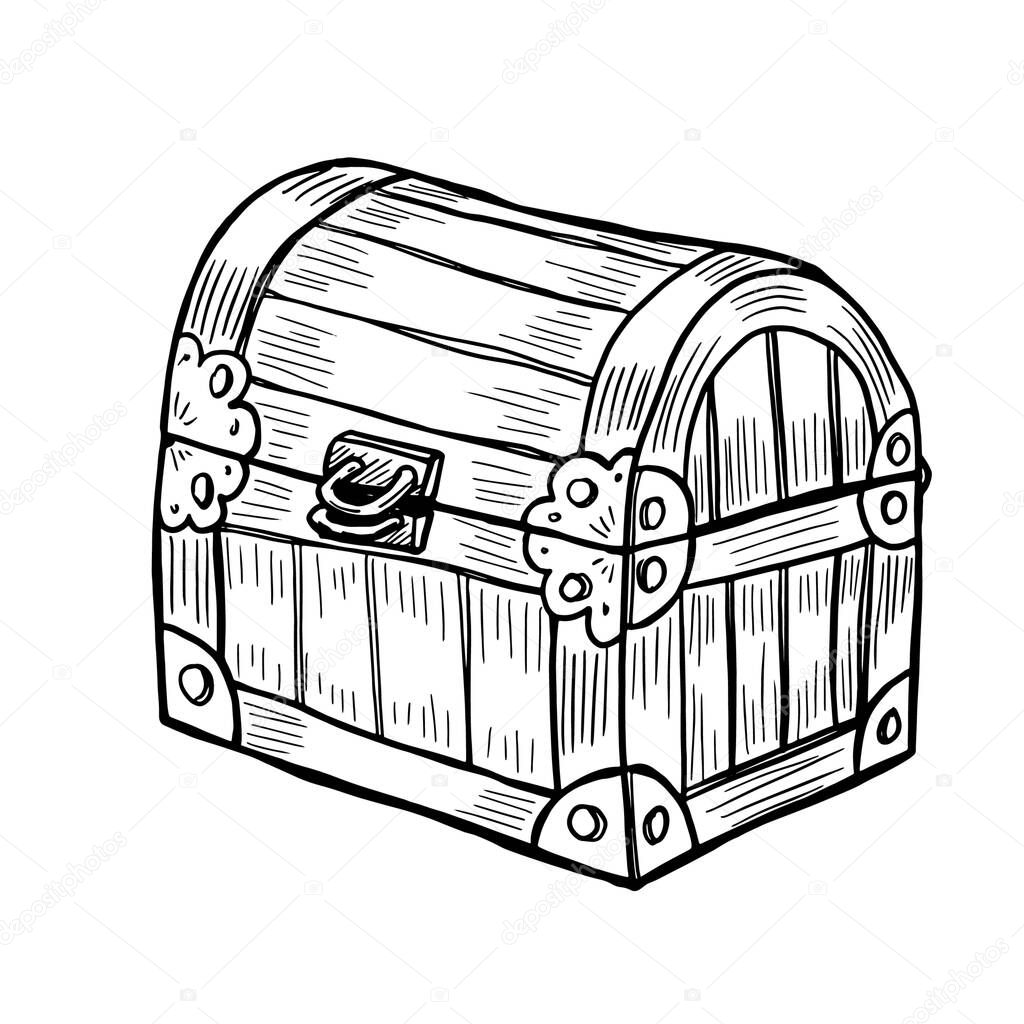 Hand drawn  vector illustration of wooden chest isolated on white background