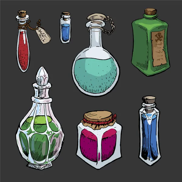 Set Von Alchemie Flaschen Isoliert Auf Schwarzem Hintergrund Vektorillustrationen — Stockvektor