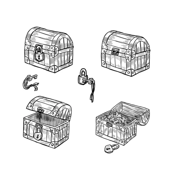 Handgezeichnete Vektordarstellung Der Holztruhe Isoliert Auf Weißem Hintergrund — Stockvektor