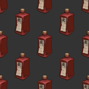 Koyu arkaplanda kırmızı şişenin kusursuz vektör deseni