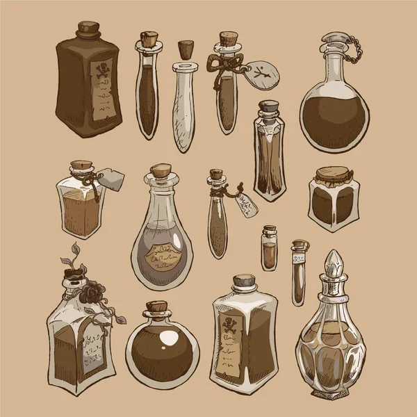 Set Alchemy Bottles Isolated Sepia Background Vector Illustration Vintage Items — Stock Vector