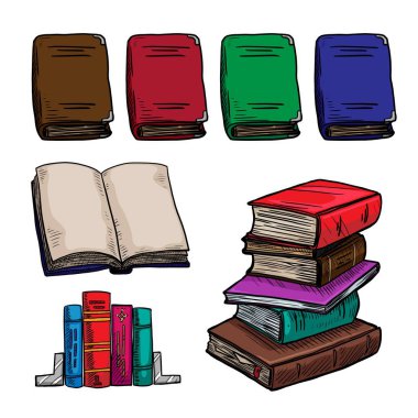Beyaz arkaplanda izole edilmiş el çizimi kitaplar kümesi