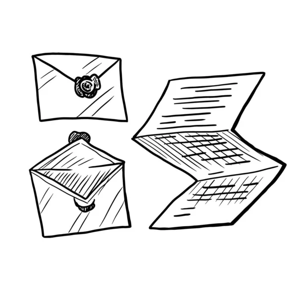 İçinde balmumu mühür çizimi olan kapalı ve açık bir zarf.