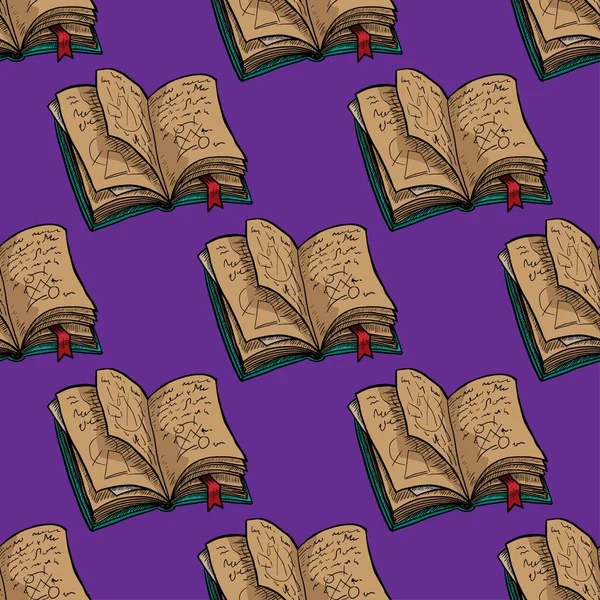 紫の背景に錬金術書ベクトル図のシームレスなパターン — ストックベクタ