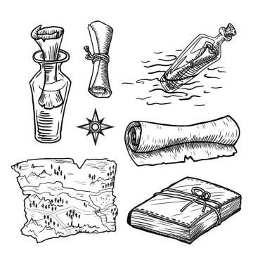 Beyaz arkaplanda izole edilmiş macera klasik unsurları kümesi