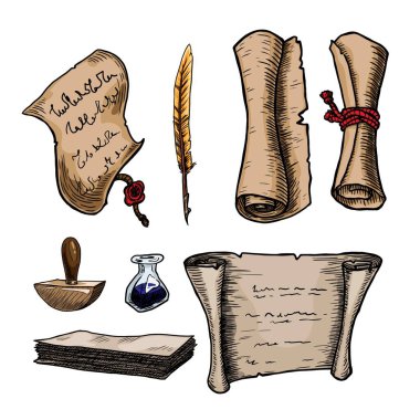 Bir dizi eski kağıt tomar. Beyaz arkaplanda izole edilmiş vektör ögeleri