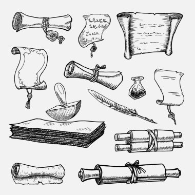 Bir dizi eski kağıt tomar. Beyaz arkaplanda izole edilmiş vektör ögeleri