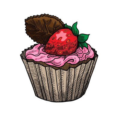 Cupcake with strawberry vector illustration isolated on white background