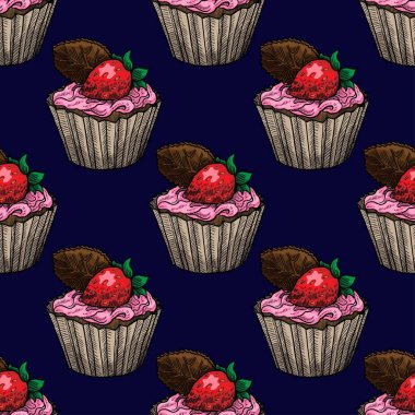 Cupcake with strawberry vector illustration seamless pattern