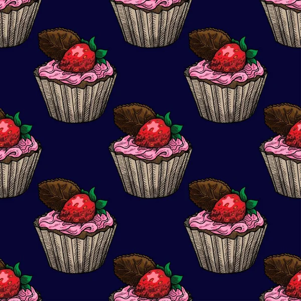 Cupcake Strawberry Vector Illustration Seamless Pattern — Stock Vector