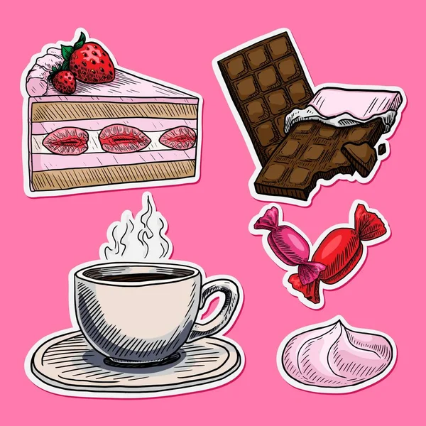 Koffiecup Aardbeiensnoep Set Stickers Roze Achtergrond — Stockvector