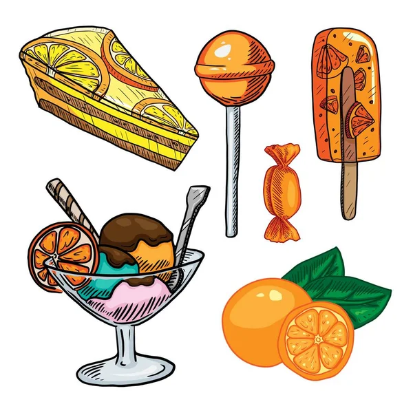 Set Van Oranje Snoepjes Lolly Vector Illustratie — Stockvector
