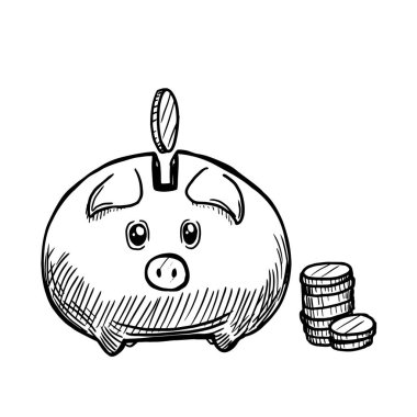 Beyaz arkaplanda domuz kumbarası ve sikkeler vektör çizimi