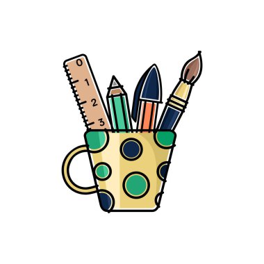 Öğrenci eşyaları. Kalem, kalem, fırça ve cetvel, siyah çizgili, düz bir renkle izole edilmiş illüstrasyon. Vektör grafikleri