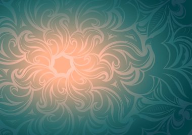 Çiçek desenli duvar kâğıdı, koyu mavi, turuncu parıltılı, stilize çiçekler ve yeşillik desenli. Kapaklar, kartlar, reklamlar, el ilanları, etiketler, posterler, afişler, davetiyeler için vektör illüstrasyonu