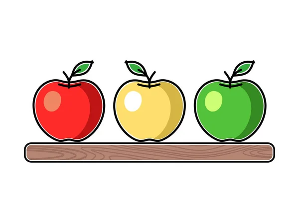 Yeşil Sarı Kırmızı Elmalar Çocuksu Düz Bir Şekilde Ahşap Rafta — Stok Vektör