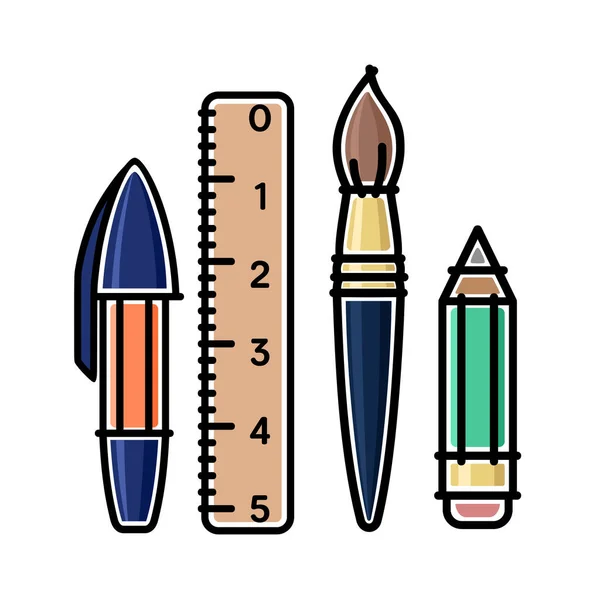 School Student Items Pen Pencil Brush Ruler Color Isolated Illustration — Stockvektor