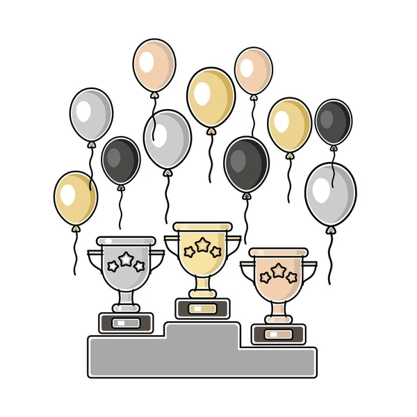 Gold Silver Bronze Cups Winner Prizes Colorful Balloons Color Isolated — Vettoriale Stock