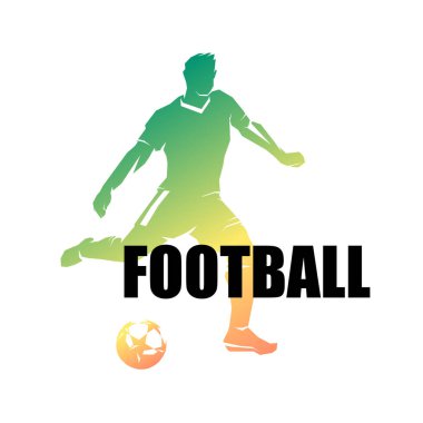 Topu olan bir futbolcu, sarı-yeşil bir gradyanı olan, beyaz bir arka planı olan, futbol konsepti için bir şablon olan izole edilmiş bir renk. Vektör illüstrasyonu