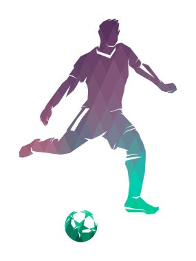 Topu olan bir futbolcu, beyaz arka planda izole edilmiş bir renk, bir yazı, futbol konsepti için bir şablon. Vektör illüstrasyonu