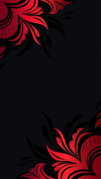 Черный Фон Изящными Стилизованными Красными Цветами Углах Шаблон Обложек Открытки — стоковый вектор