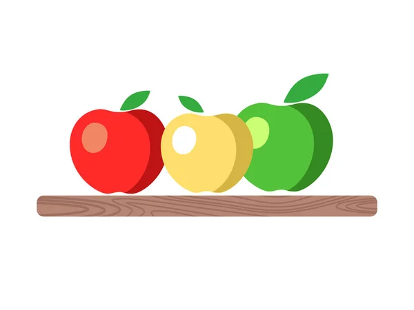 Πράσινα Κίτρινα Και Κόκκινα Μήλα Παιδικό Επίπεδο Στυλ Ξύλινο Ράφι — Διανυσματικό Αρχείο
