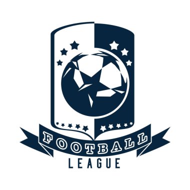 Top ve kalkanlı futbol amblemi, izole edilmiş tek renkli resim. Vektör illüstrasyonu