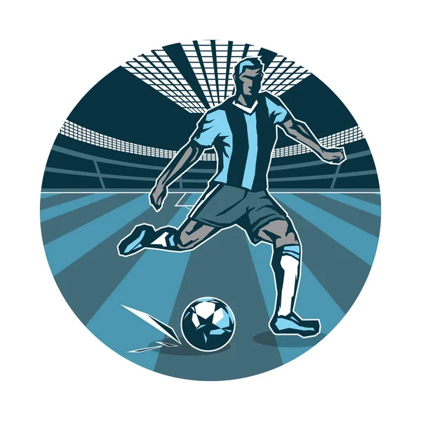 Jugador Fútbol Con Pelota Movimiento Campo Fútbol Ilustración Vectorial Color — Vector de stock