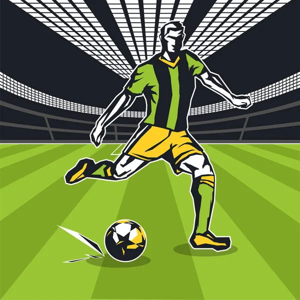 Футболист Мячом Движении Футбольном Поле Цветная Векторная Иллюстрация — стоковый вектор