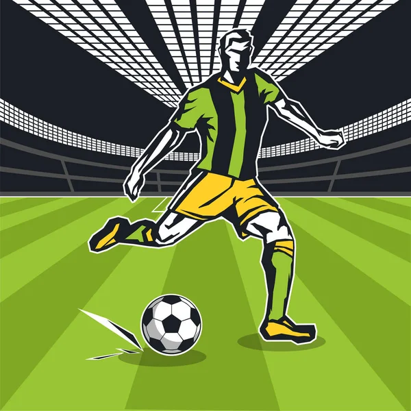 Футболист Мячом Движении Футбольном Поле Цветная Векторная Иллюстрация — стоковый вектор