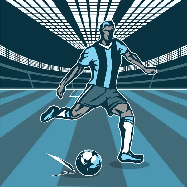Fußballspieler Mit Dem Ball Bewegung Auf Dem Fußballfeld Farbvektorabbildung — Stockvektor