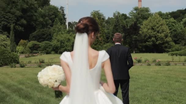 Bruidspaar wandelen met prachtig park. Jong verliefd echtpaar omhelzen elkaar en kijken elkaar teder aan. Verliefd en gelukkig. — Stockvideo