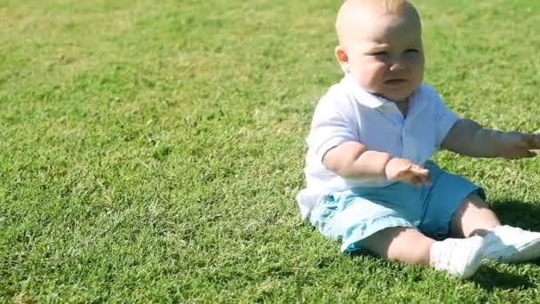 Sittind bebê na grama com um caderno — Vídeo de Stock