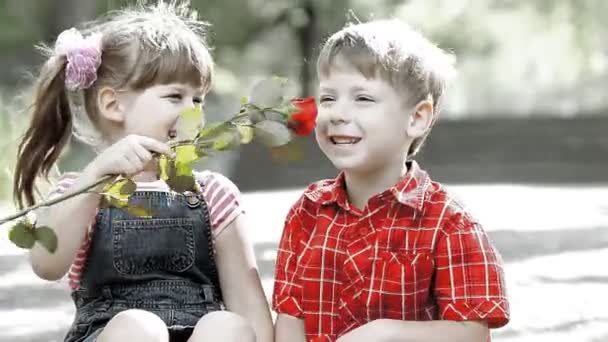 Two child speaking and boy present flower — Stock Video