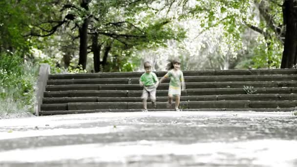 Två barn funning i park, utomhus — Stockvideo